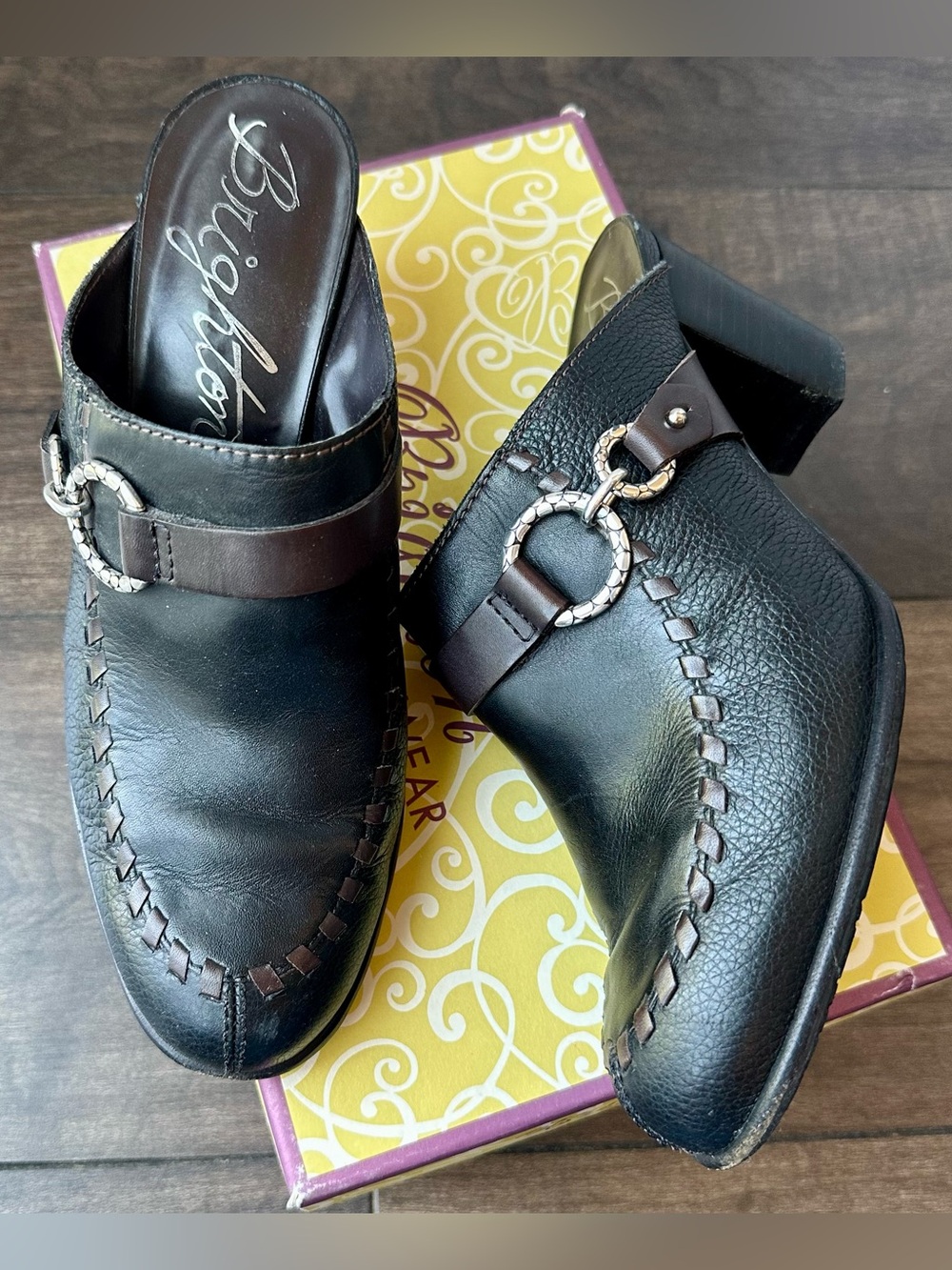 VTG Brighton Gemini Black Leather Mules Block Heel Clogs Women's 9M With Box